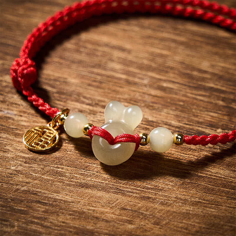 Hetian Jade Rabbit-Head Peace Buckle Fu Character Grounding Red String Vintage Bracelet