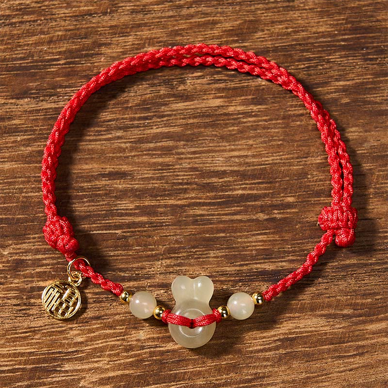 Hetian Jade Rabbit-Head Peace Buckle Fu Character Grounding Red String Vintage Bracelet