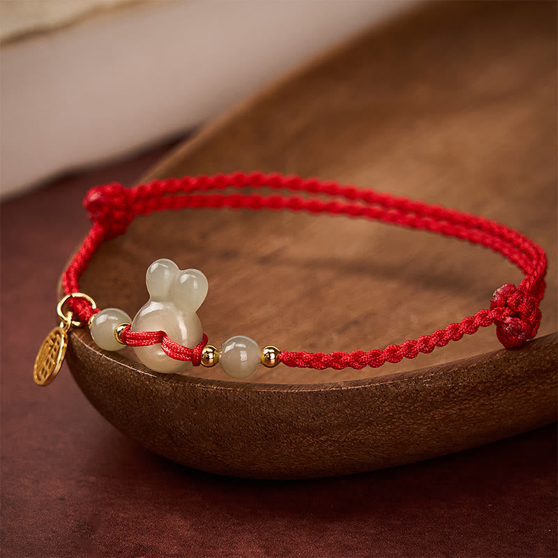 Hetian Jade Rabbit-Head Peace Buckle Fu Character Grounding Red String Vintage Bracelet