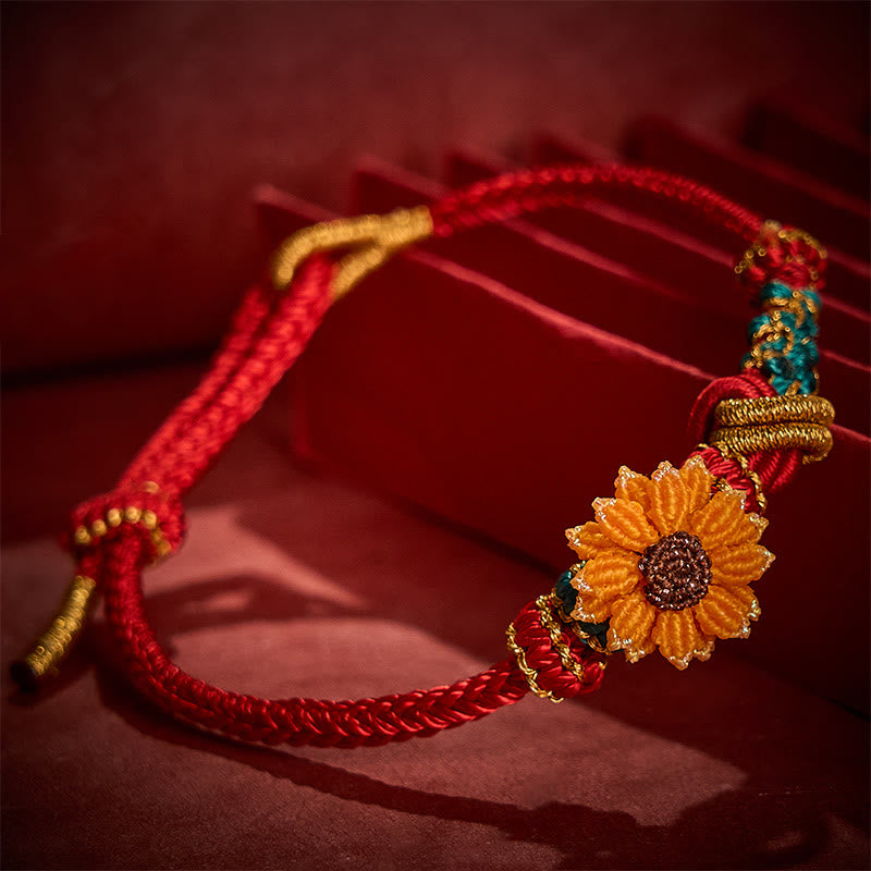 Hand-Woven Red String Peach Blossom Sunflower Luck Bracelet