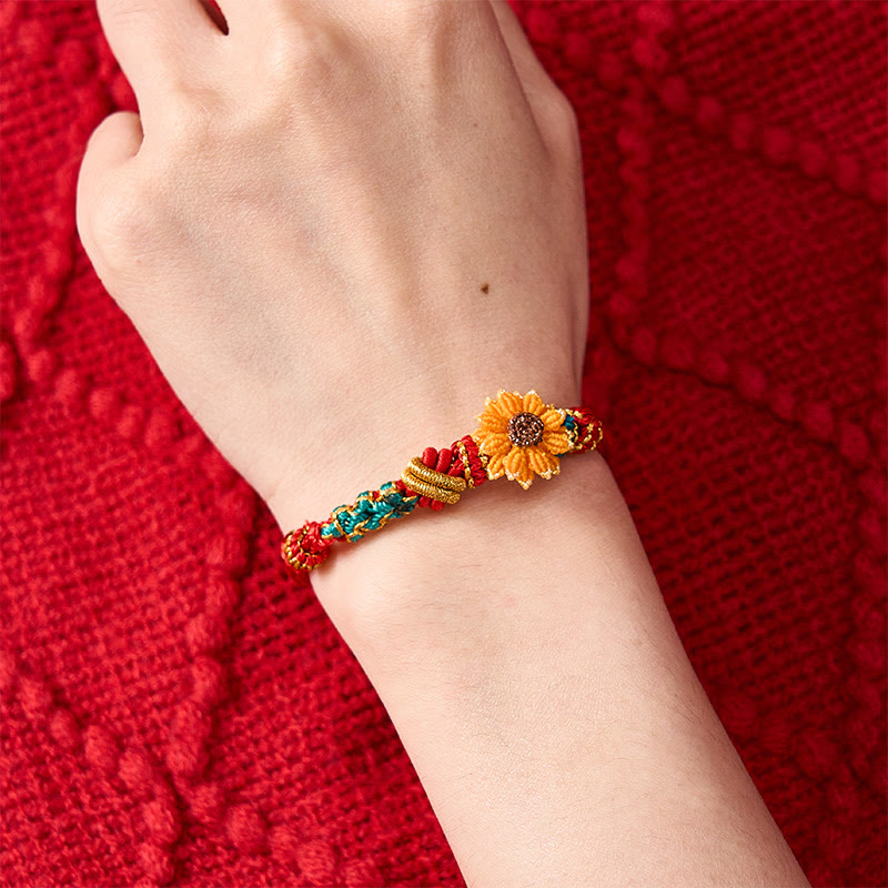 Hand-Woven Red String Peach Blossom Sunflower Luck Bracelet