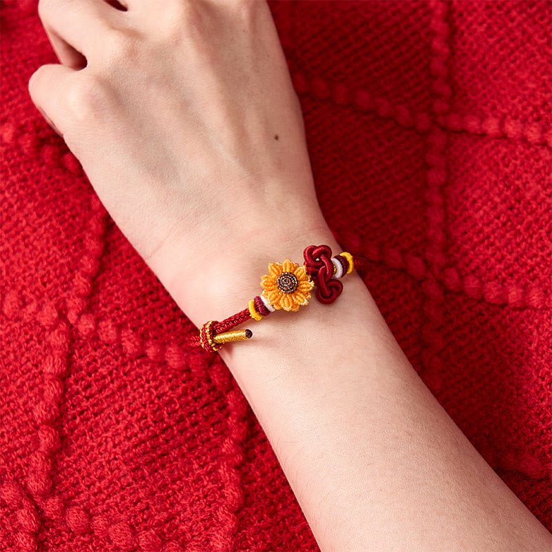 Hand-Woven Red String Sunflower Luck Bracelet