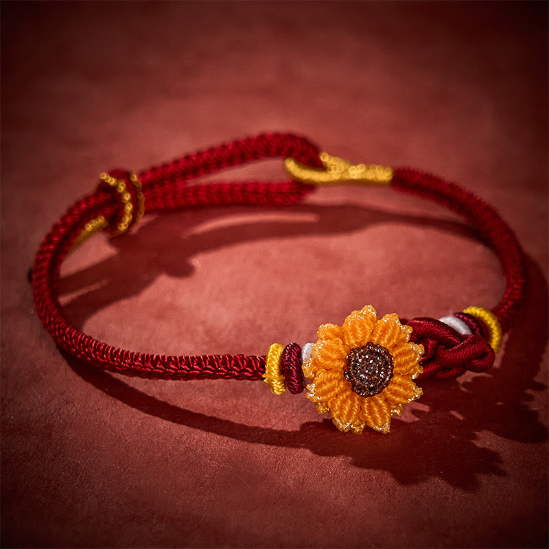 Hand-Woven Red String Sunflower Luck Bracelet