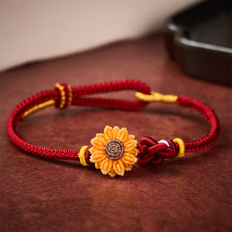 Hand-Woven Red String Sunflower Luck Bracelet