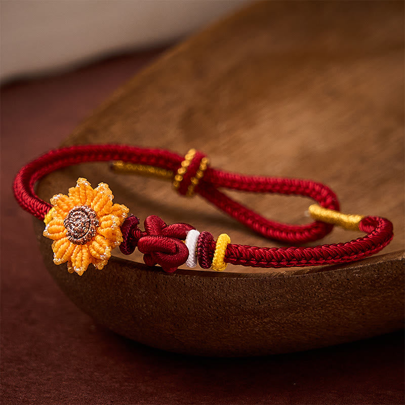 Hand-Woven Red String Sunflower Luck Bracelet