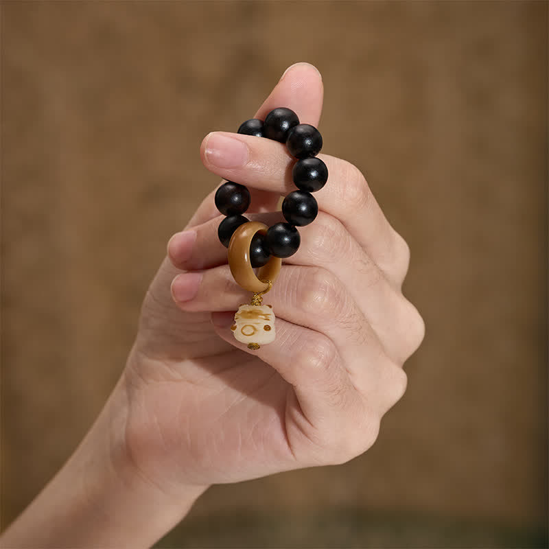 Ebony Wood Charcoal-Grilled Cat & Bear Balance Tactile Meditation Beads Decorations