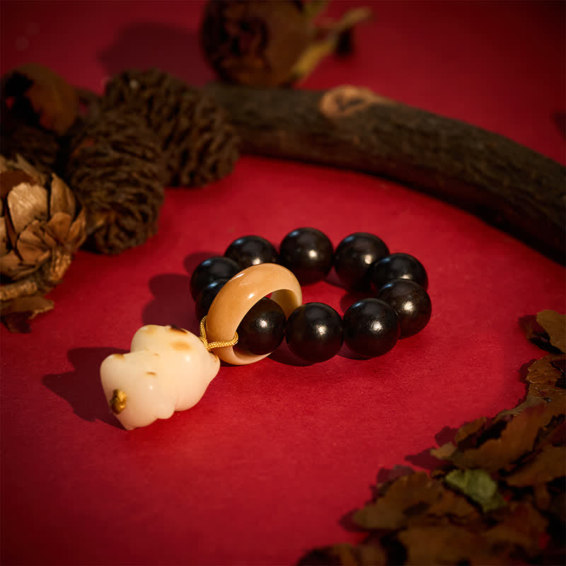 Ebony Wood Charcoal-Grilled Cat & Bear Balance Tactile Meditation Beads Decorations