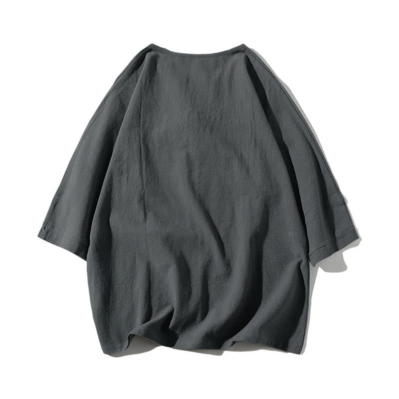 2Pcs Plain Notched Collar T-Shirt Wide Leg Shorts With Pockets Men's Meditation Cloth Set