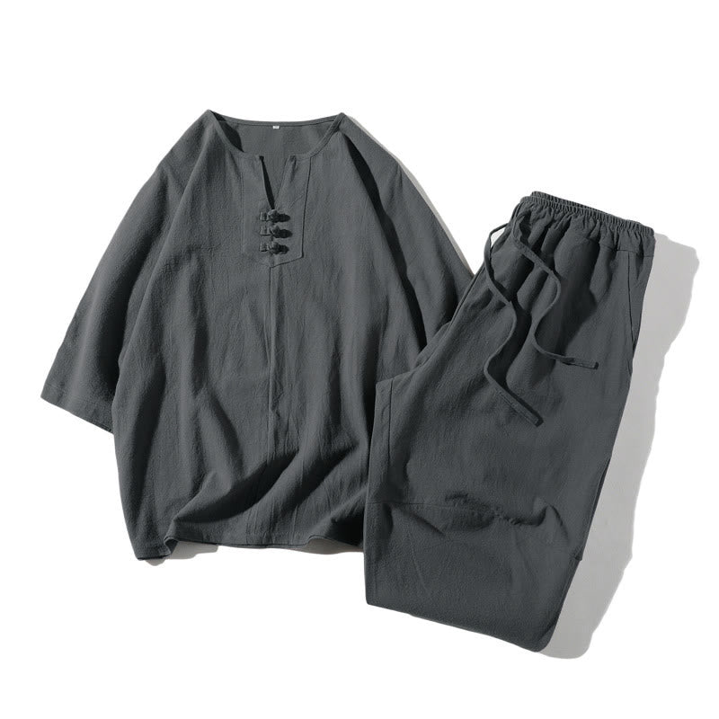 2Pcs Plain Notched Collar T-Shirt Wide Leg Shorts With Pockets Men's Meditation Cloth Set