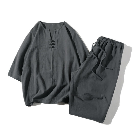 2Pcs Plain Notched Collar T-Shirt Wide Leg Shorts With Pockets Men's Meditation Cloth Set