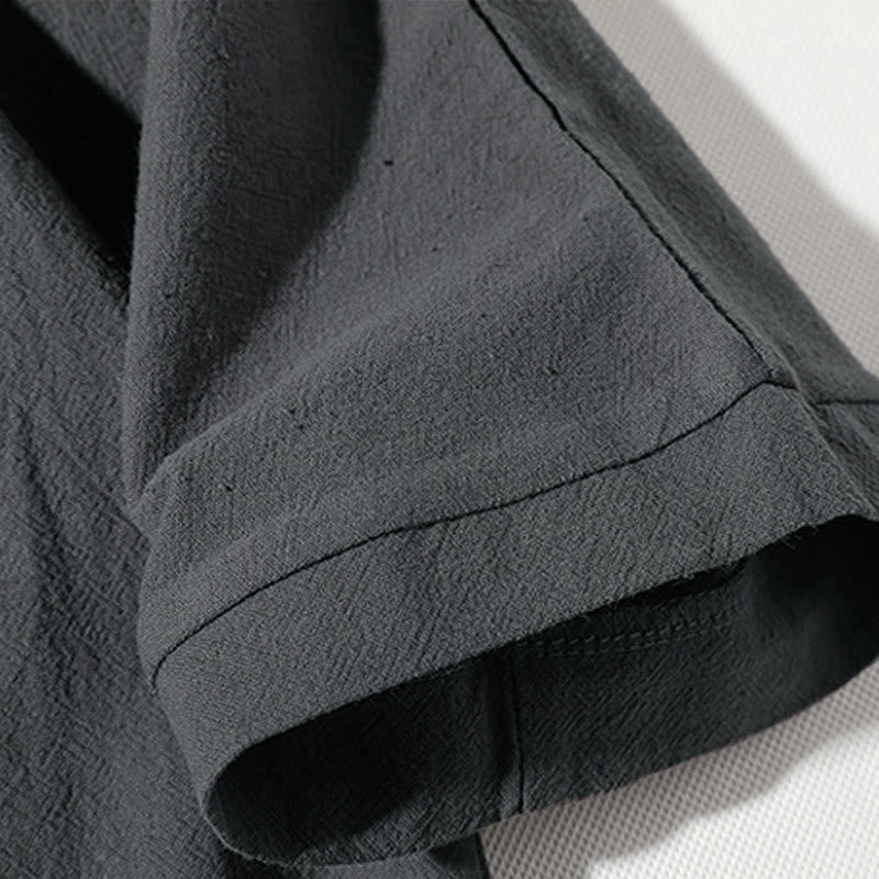 2Pcs Plain Notched Collar T-Shirt Wide Leg Shorts With Pockets Men's Meditation Cloth Set