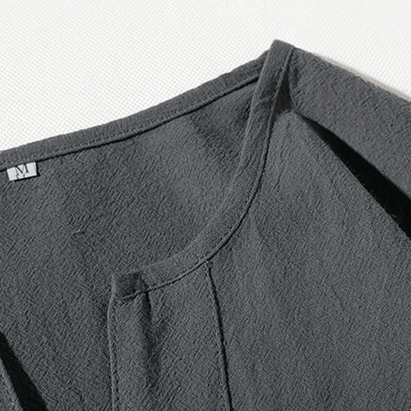 2Pcs Plain Notched Collar T-Shirt Wide Leg Shorts With Pockets Men's Meditation Cloth Set