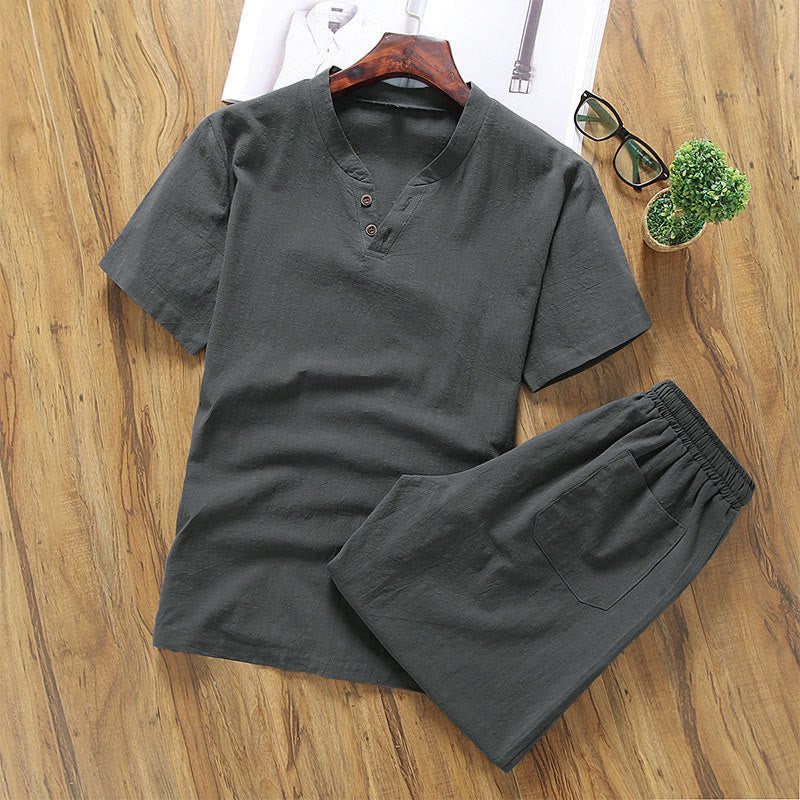 Casual 2Pcs Plain Sleeve T-Shirt Shorts With Pockets Men's Meditation Cloth Set