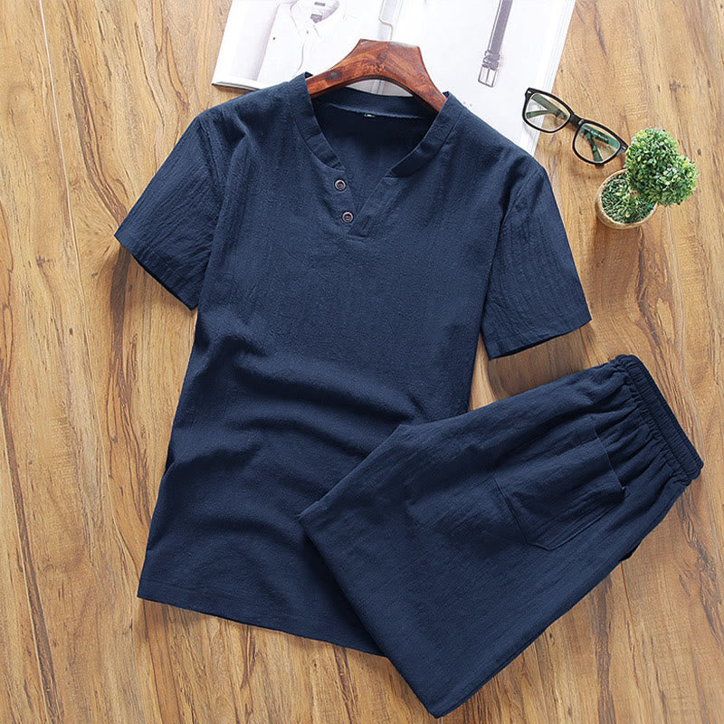 Casual 2Pcs Plain Sleeve T-Shirt Shorts With Pockets Men's Meditation Cloth Set