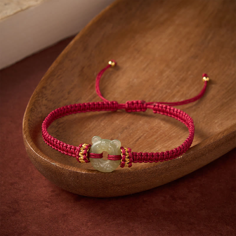 Jade Tiger Head Design Peace Buckle Grounding Red String Braided Bracelet
