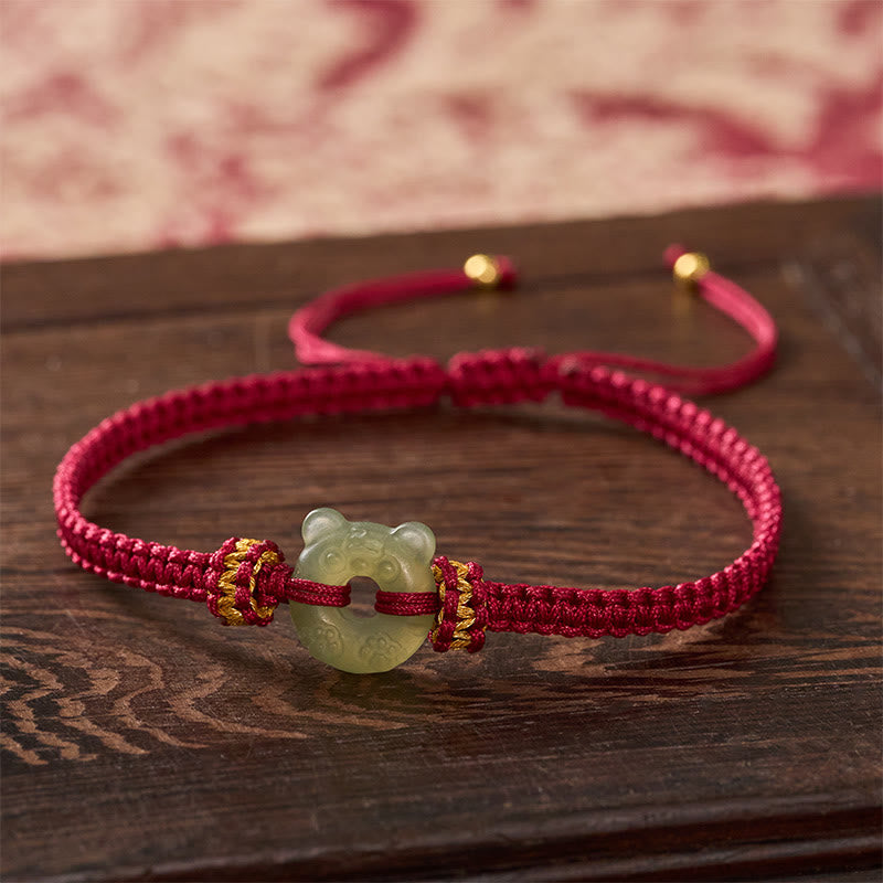 Jade Tiger Head Design Peace Buckle Grounding Red String Braided Bracelet