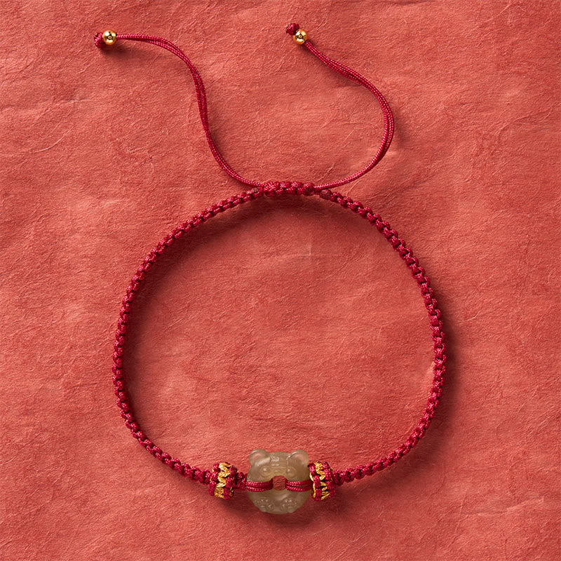 Jade Tiger Head Design Peace Buckle Grounding Red String Braided Bracelet