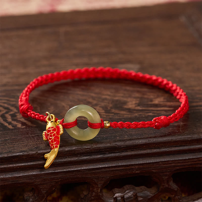 Koi Fish Charm Peace Buckle Jade Red String Protection Bracelet