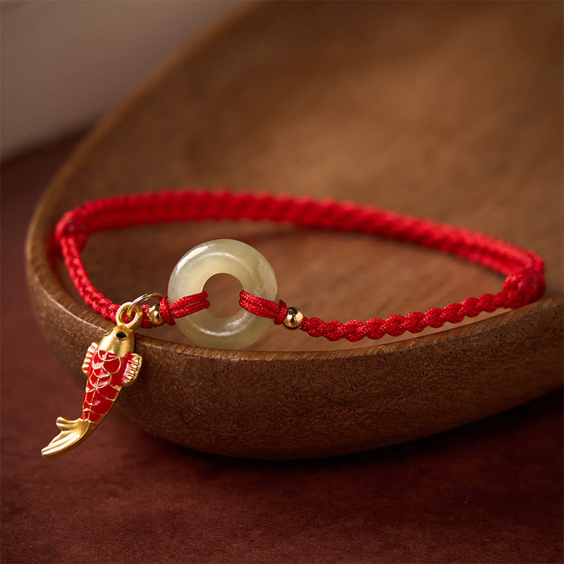 Koi Fish Charm Peace Buckle Jade Red String Protection Bracelet