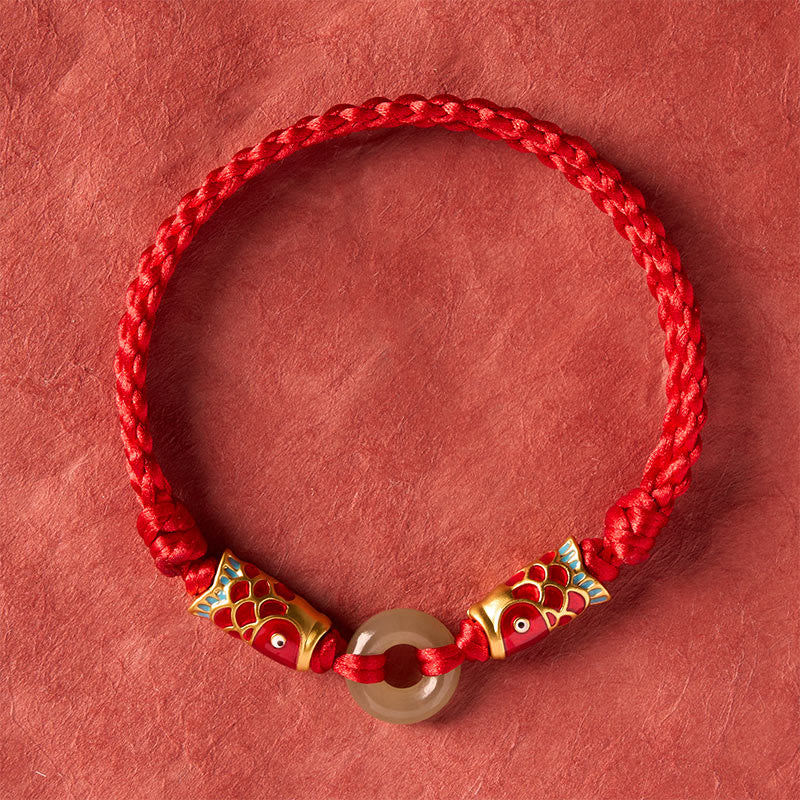 Hetian Jade Peace Buckle Double Koi Fish Red String Prosperity Bracelet