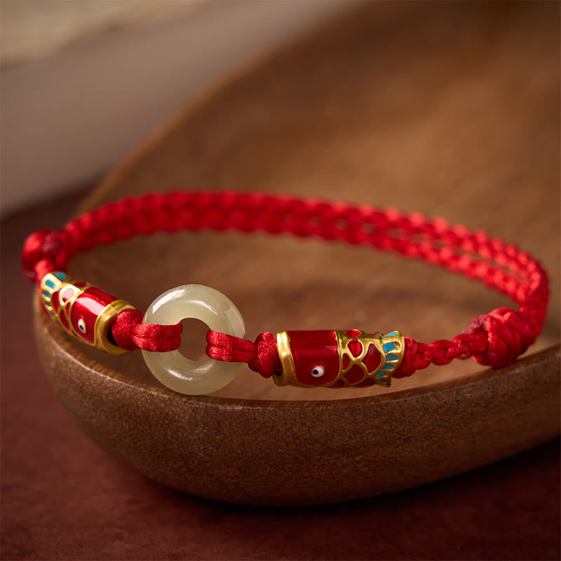 Hetian Jade Peace Buckle Double Koi Fish Red String Prosperity Bracelet