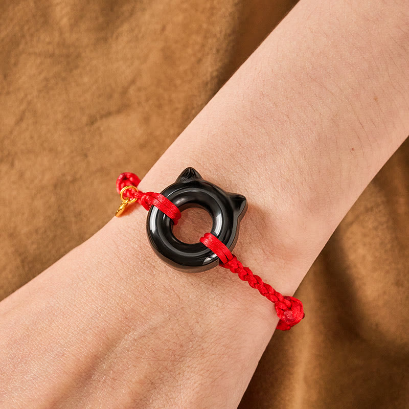 Black Obsidian Cat Design Peace Buckle Fu Character Red String Protection Braided Bracelet