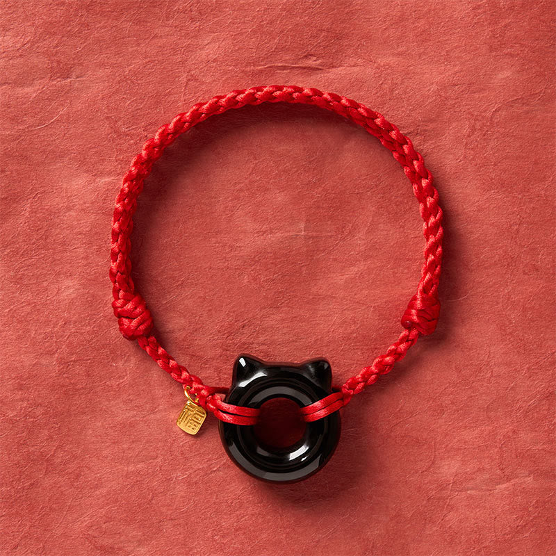 Black Obsidian Cat Design Peace Buckle Fu Character Red String Protection Braided Bracelet