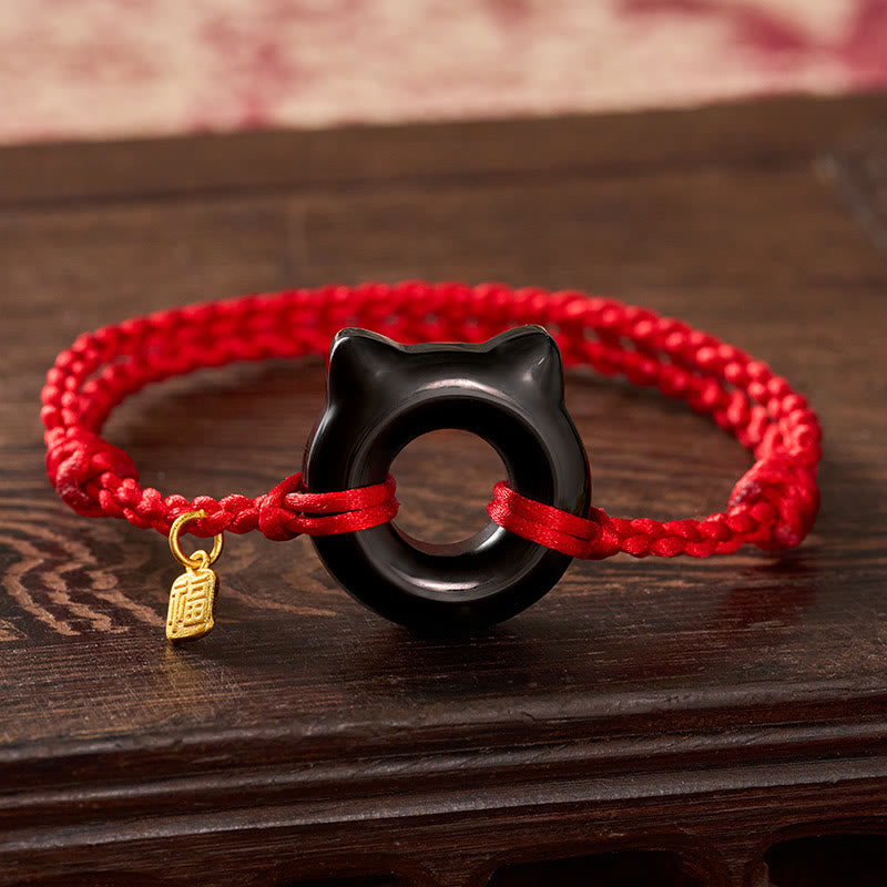 Black Obsidian Cat Design Peace Buckle Fu Character Red String Protection Braided Bracelet