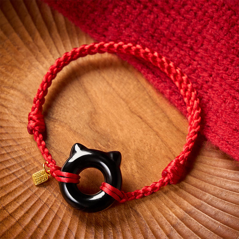Black Obsidian Cat Design Peace Buckle Fu Character Red String Protection Braided Bracelet