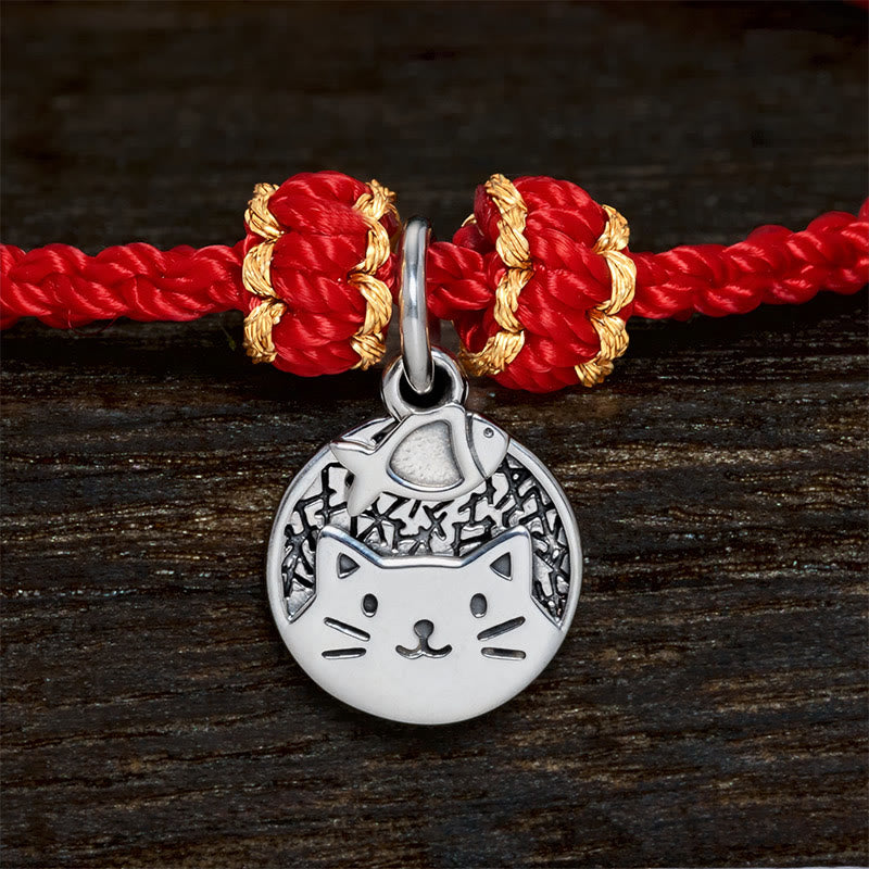 925 Sterling Silver Kitten Eating Fish Round Pendant Prosperity Red Black String Braided Bracelet