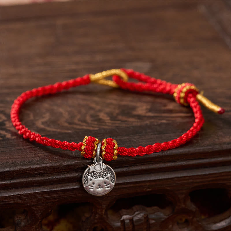 925 Sterling Silver Kitten Eating Fish Round Pendant Prosperity Red Black String Braided Bracelet