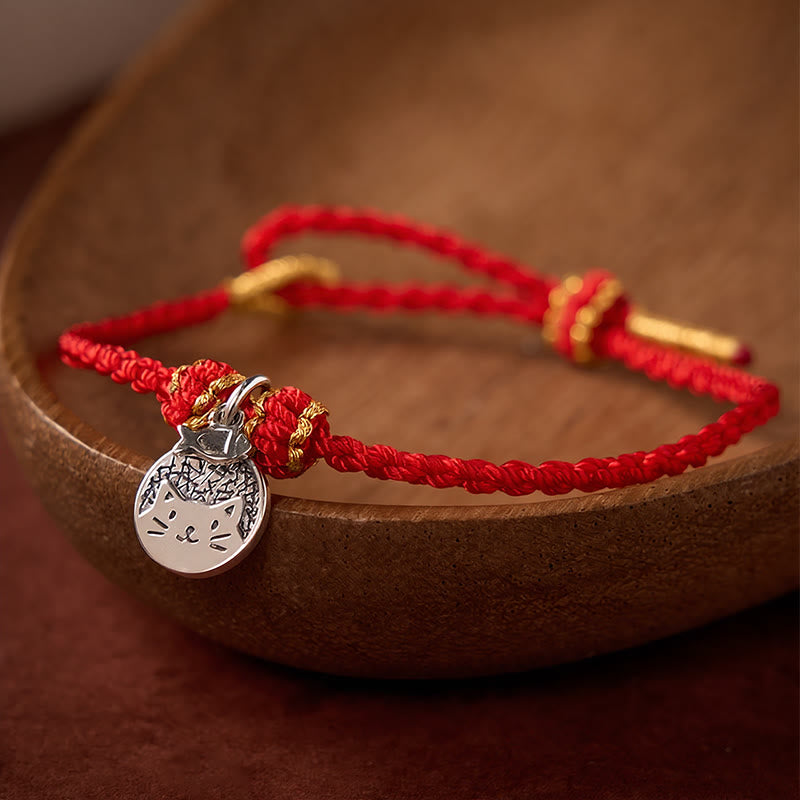 925 Sterling Silver Kitten Eating Fish Round Pendant Prosperity Red Black String Braided Bracelet