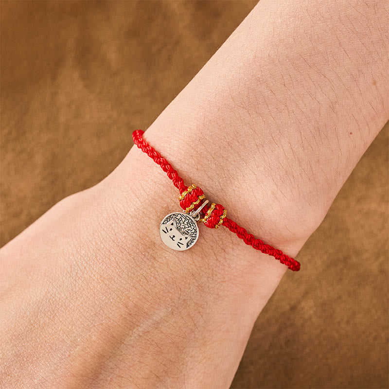 925 Sterling Silver Kitten Eating Fish Round Pendant Prosperity Red Black String Braided Bracelet