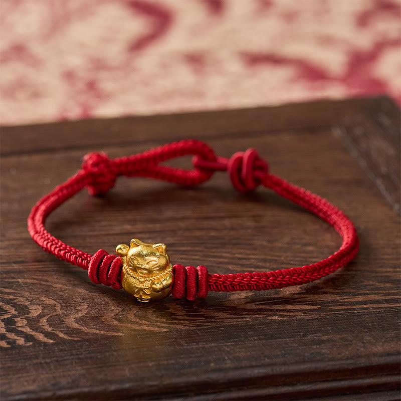 Hand-Woven Red String Copper Lucky Cat Blessing Adjustable Bracelet