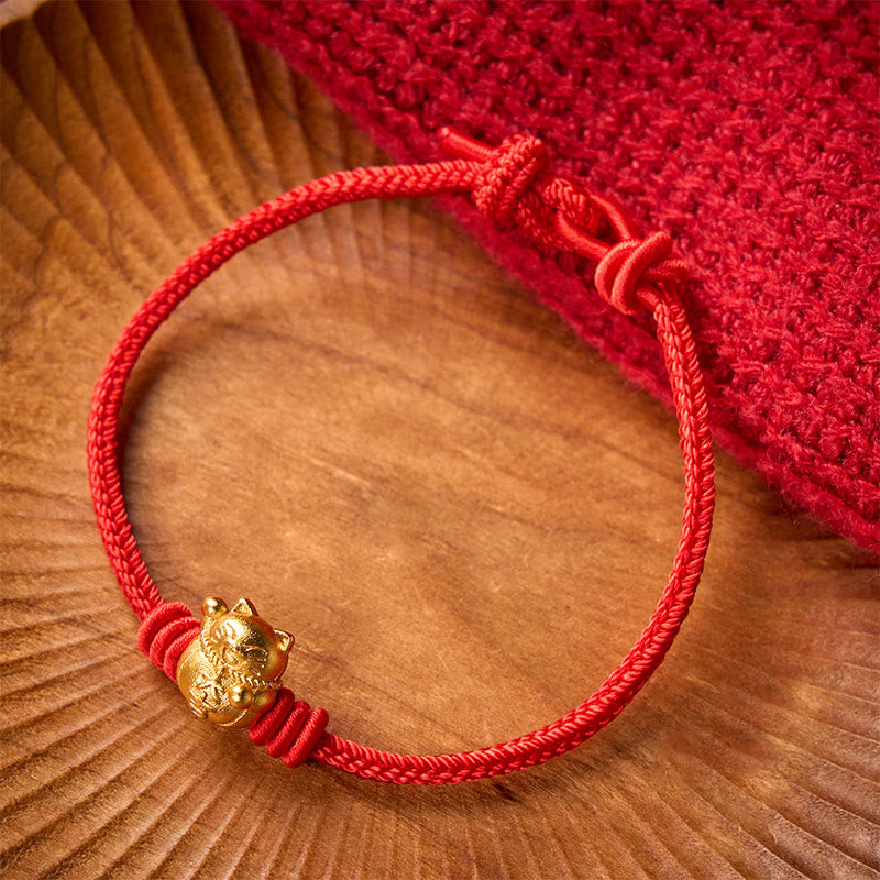 Hand-Woven Red String Copper Lucky Cat Blessing Adjustable Bracelet