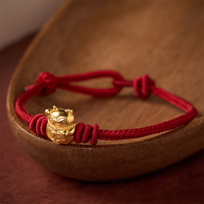 Hand-Woven Red String Copper Lucky Cat Blessing Adjustable Bracelet