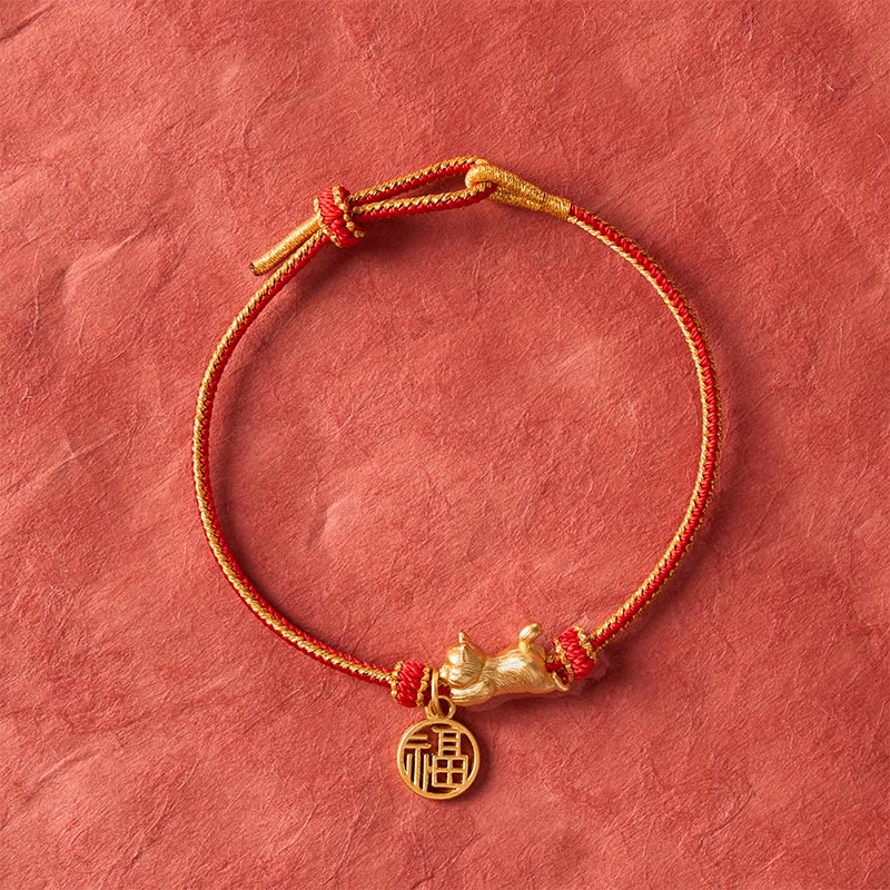 Lying-Down Cat Fu Character Copper Red String Hand-Woven Prosperity Bracelet