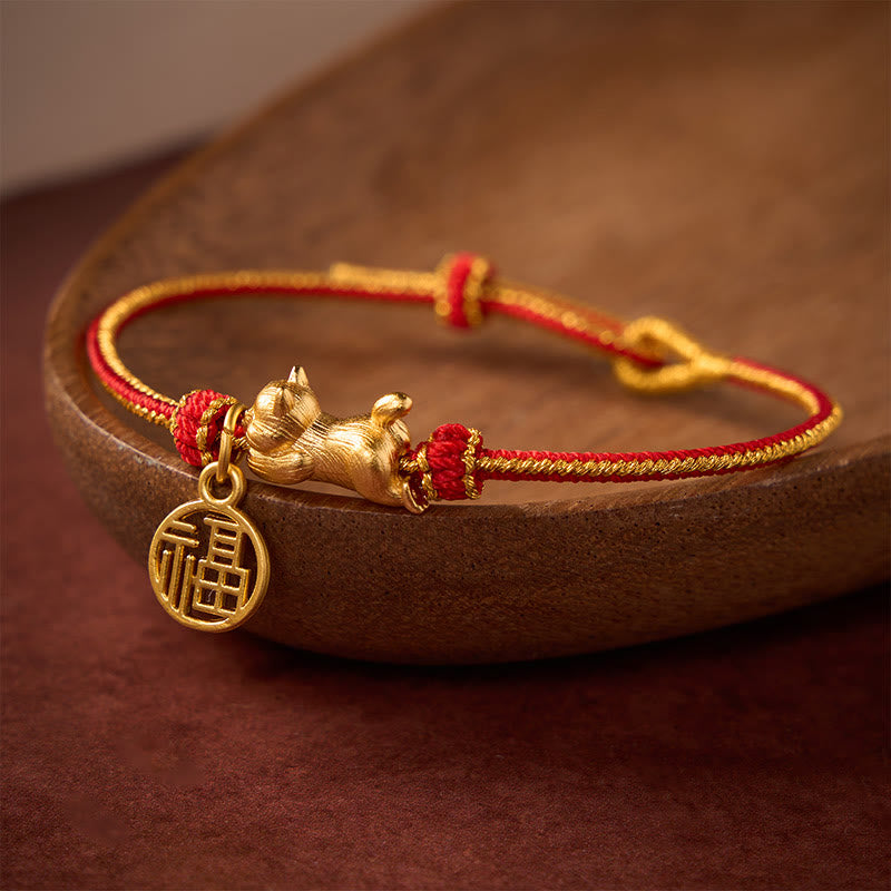 Lying-Down Cat Fu Character Copper Red String Hand-Woven Prosperity Bracelet