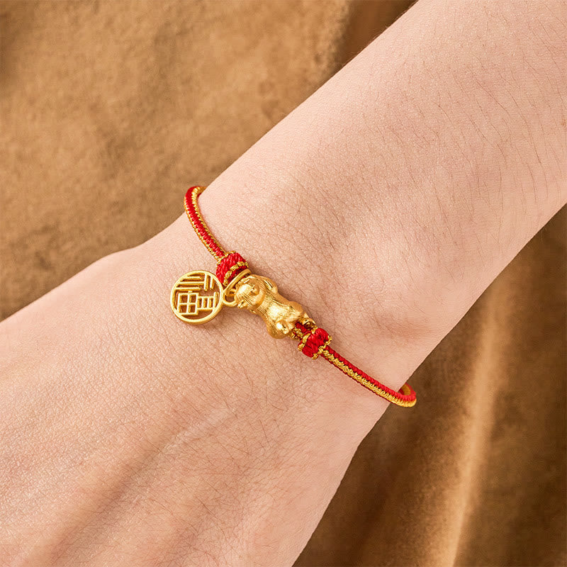 Lying-Down Cat Fu Character Copper Red String Hand-Woven Prosperity Bracelet