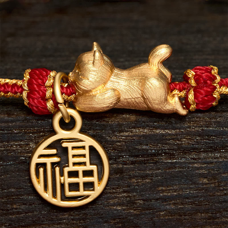 Lying-Down Cat Fu Character Copper Red String Hand-Woven Prosperity Bracelet