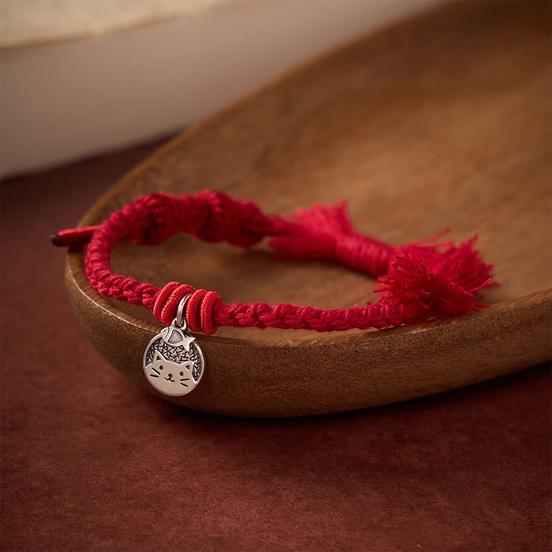 925 Sterling Silver Cute Cat Fish Protection Tibet Red String Adjustable Bracelet