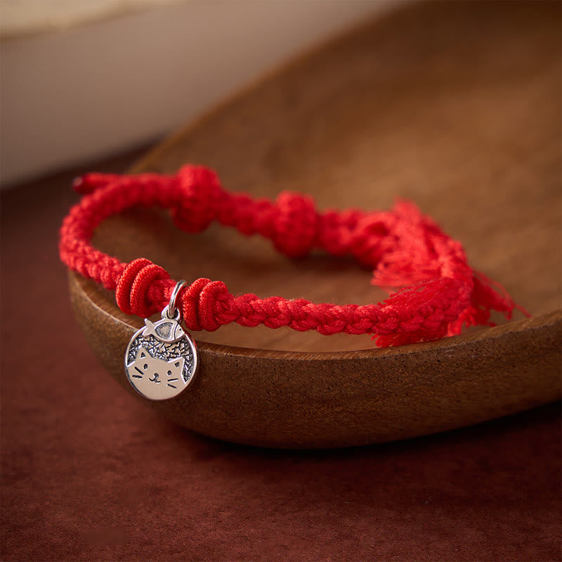 925 Sterling Silver Cute Cat Fish Protection Tibet Red String Adjustable Bracelet