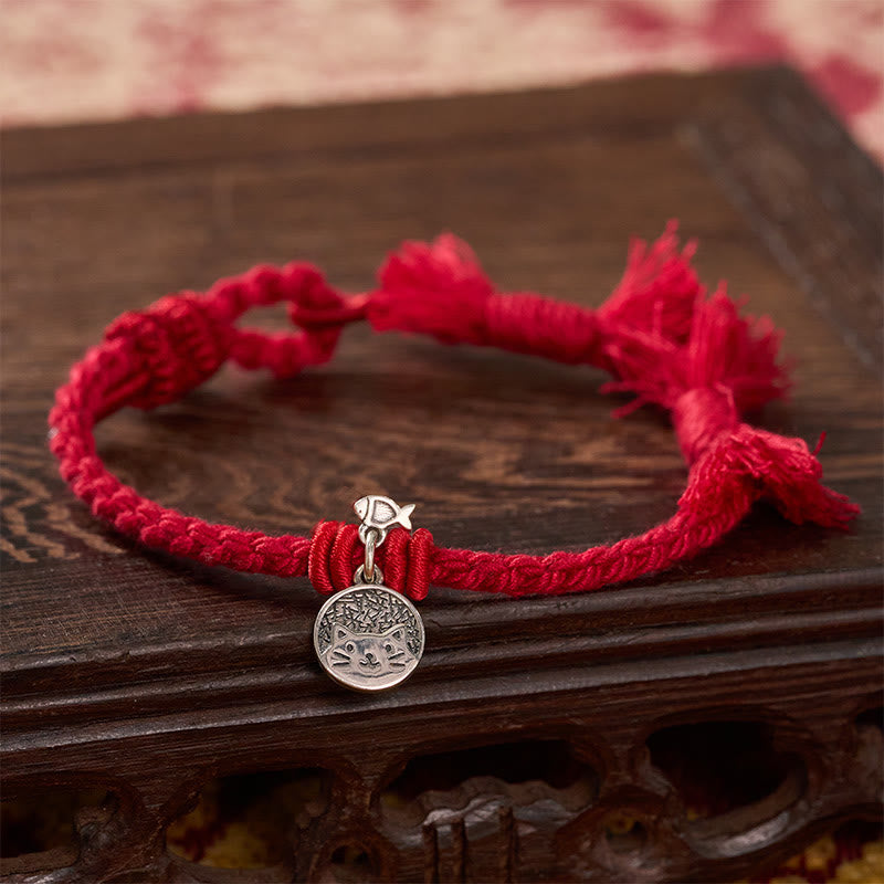 925 Sterling Silver Cute Cat Fish Protection Tibet Red String Adjustable Bracelet