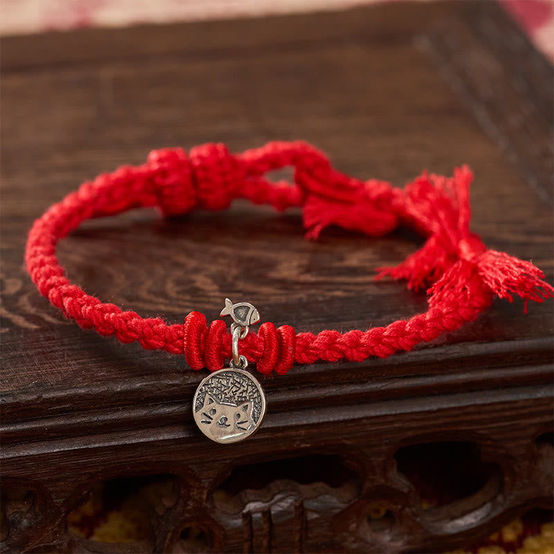 925 Sterling Silver Cute Cat Fish Protection Tibet Red String Adjustable Bracelet