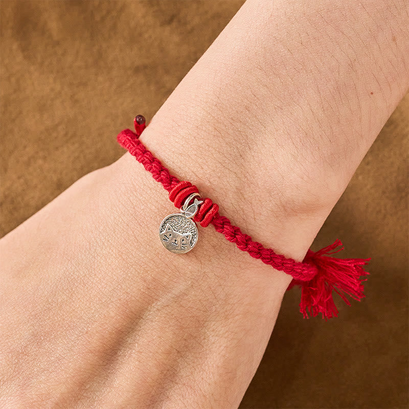 925 Sterling Silver Cute Cat Fish Protection Tibet Red String Adjustable Bracelet
