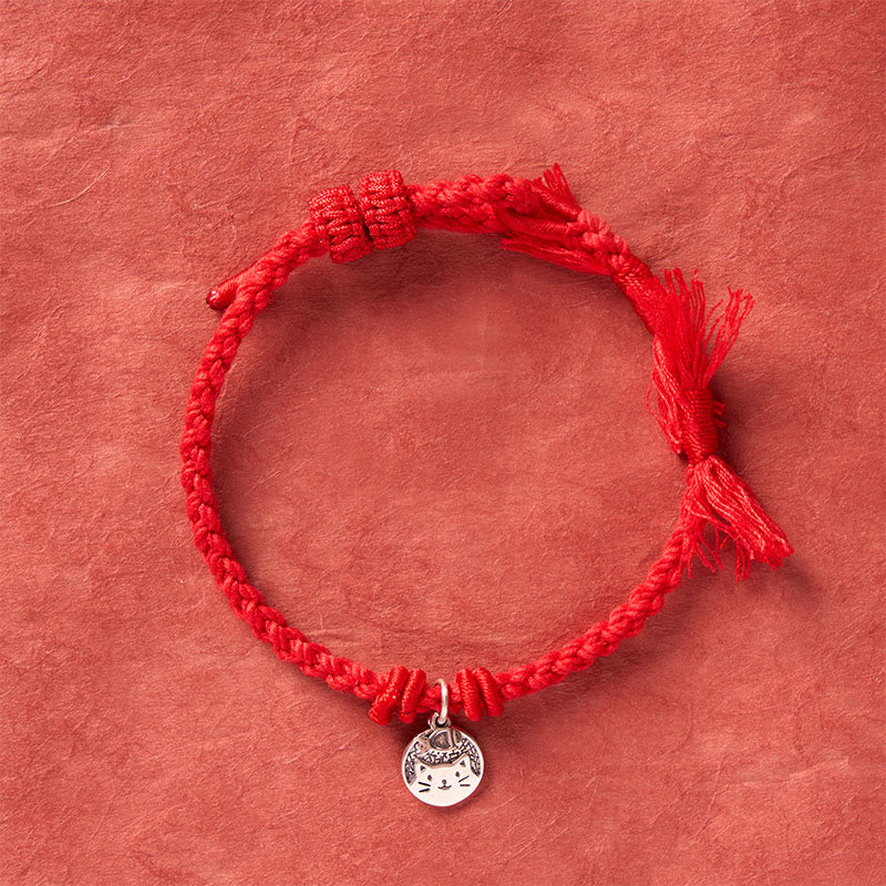 925 Sterling Silver Cute Cat Fish Protection Tibet Red String Adjustable Bracelet