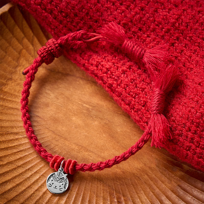 925 Sterling Silver Cute Cat Fish Protection Tibet Red String Adjustable Bracelet
