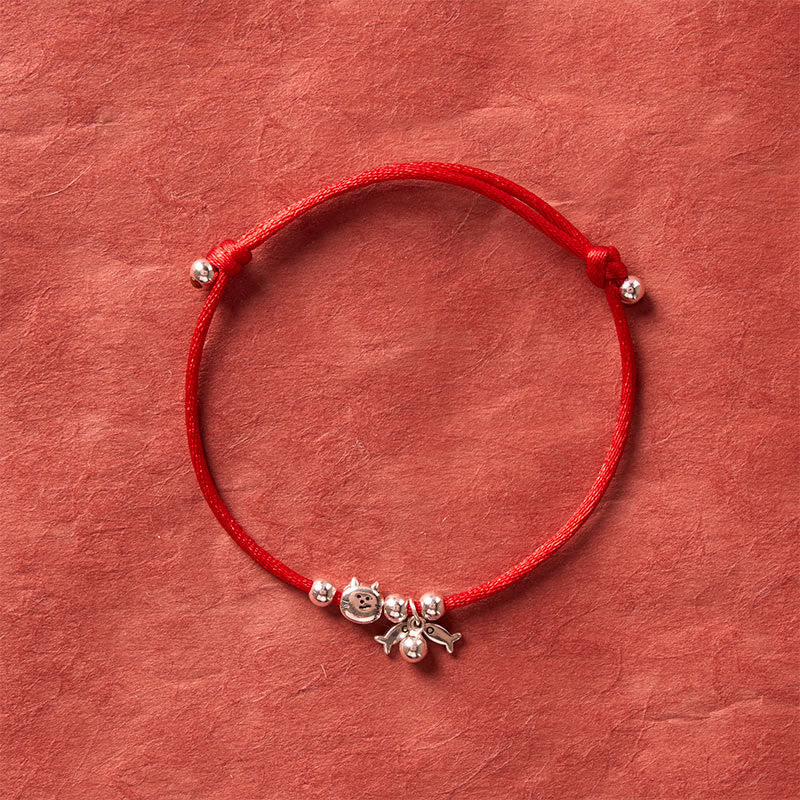 925 Sterling Silver Cute Cat Fish Red String Blessing Bracelet