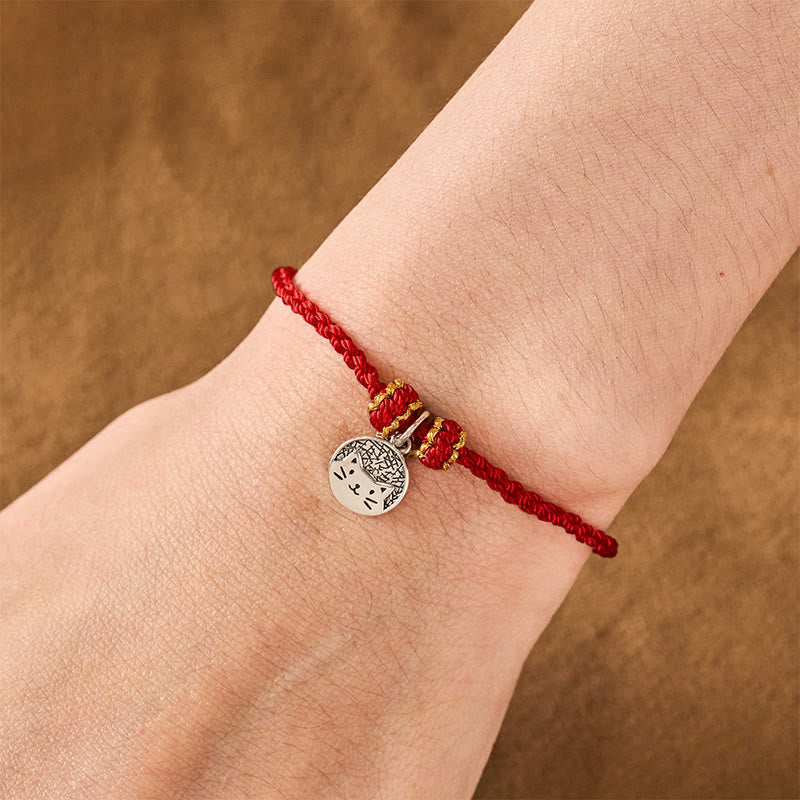 925 Sterling Silver Kitten Eating Fish Round Pendant Prosperity Red Black String Braided Bracelet