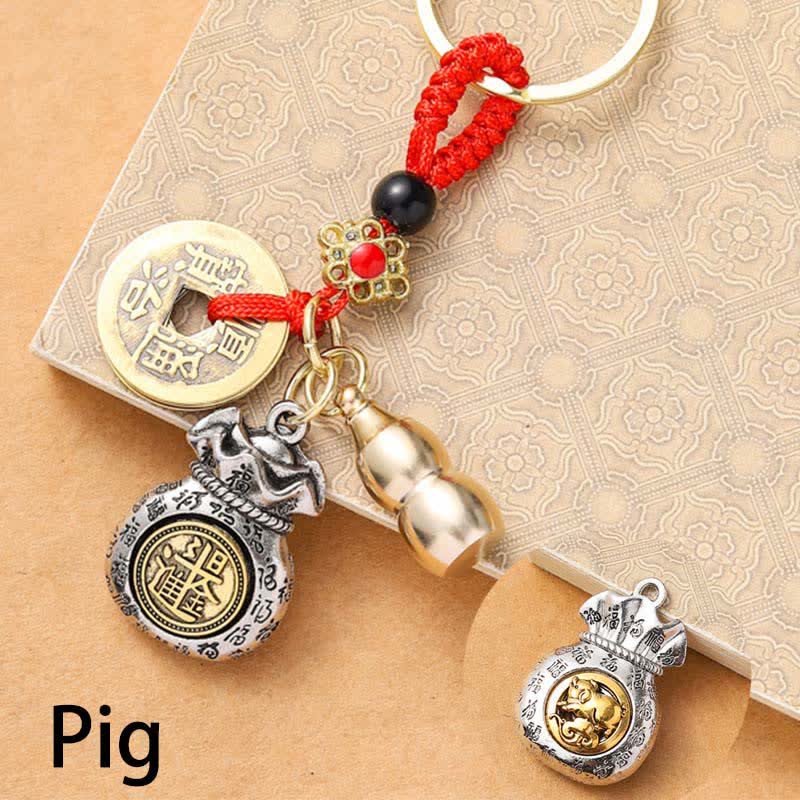 Braided Red String Chinese Zodiac Five Emperor Coins Protection Keychains